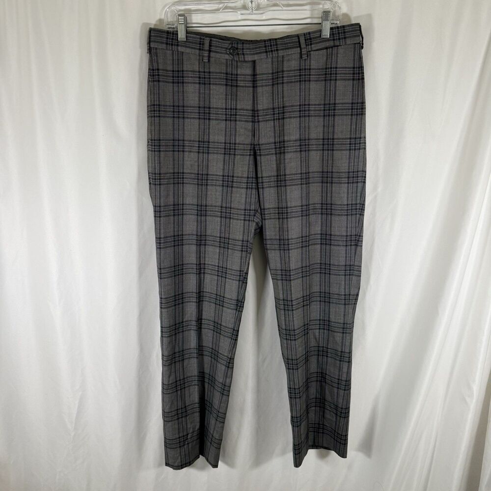 J Hilburn Wool Pants Men's 34"x28" Grey Plaid Flat Front Pockets Dry Clean